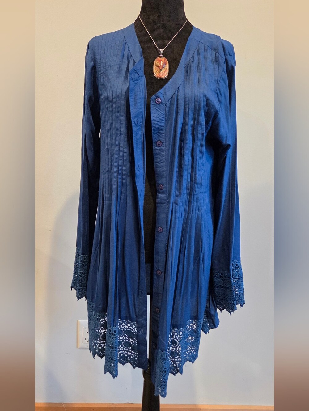 Women's Navy Button-Front Tunic with Crochet Trim